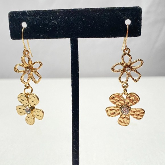 Dangle Drop Pierced Hook Earrings Gold Tone And Rhinestone Flower Tower - Picture 4 of 8